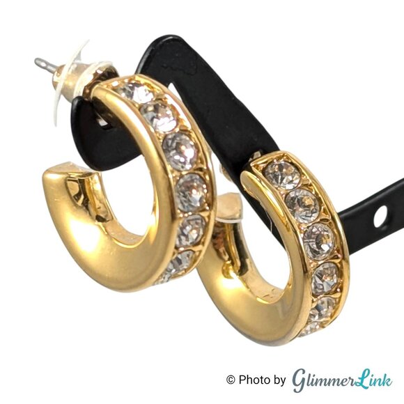 Vintage Nolan Miller Glamour Collection Gold Tone Rhinestone Hoop Earrings 1990s - Picture 3 of 11